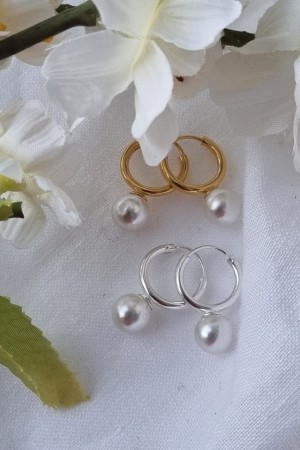 Øreringer, 14mm med perle, sølv og forgylt, pr par