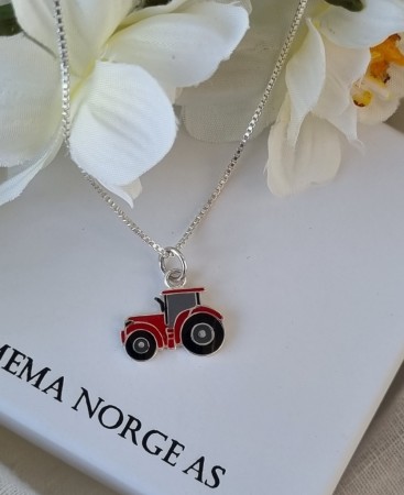 Sølv anheng, traktor m/emalje, rød