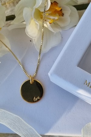 Sølv forgylt anheng, 13mm rund plate, med tekst: love