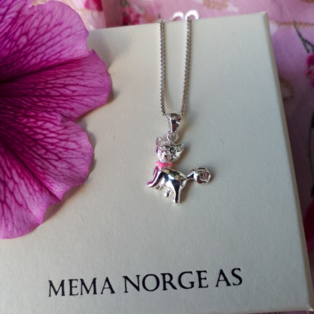 Sølv anheng, katt m/rosa halsbånd
