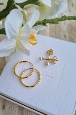 2 pk sølv forgylt øreringer 15mm + perler 3mm