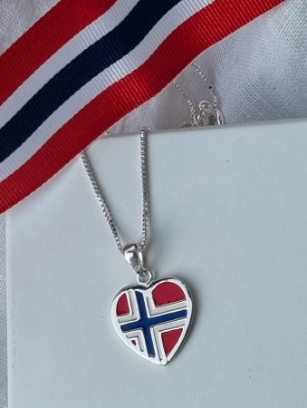 Flaggsmykke, sølv anheng, hjerte m/emalje, stort