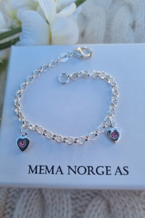 Søtt barnearmbånd, 14cm, kraftig ertearmbånd m/2 hjerter, rosa, KUN 1 STK