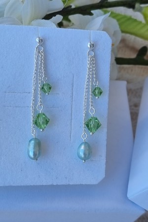 Sølv ørepynt, perler og krystaller, grønn