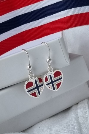 Sølv ørepynt, flagg, hjerte m/emalje