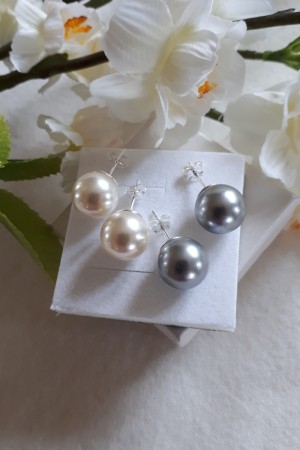 Sølv ørepynt, perle, 12mm, hvit (GRÅ = UTSOLGT)